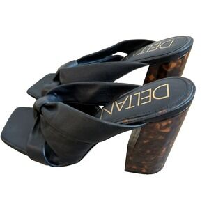 Deltan Black Leather Tortiose Block Heel Square‎ Open Toe Sandals Size 10